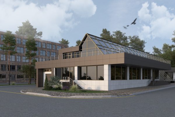 Двухэтажное здание офиса с кафе на первом этаже и подземной автопарковкой