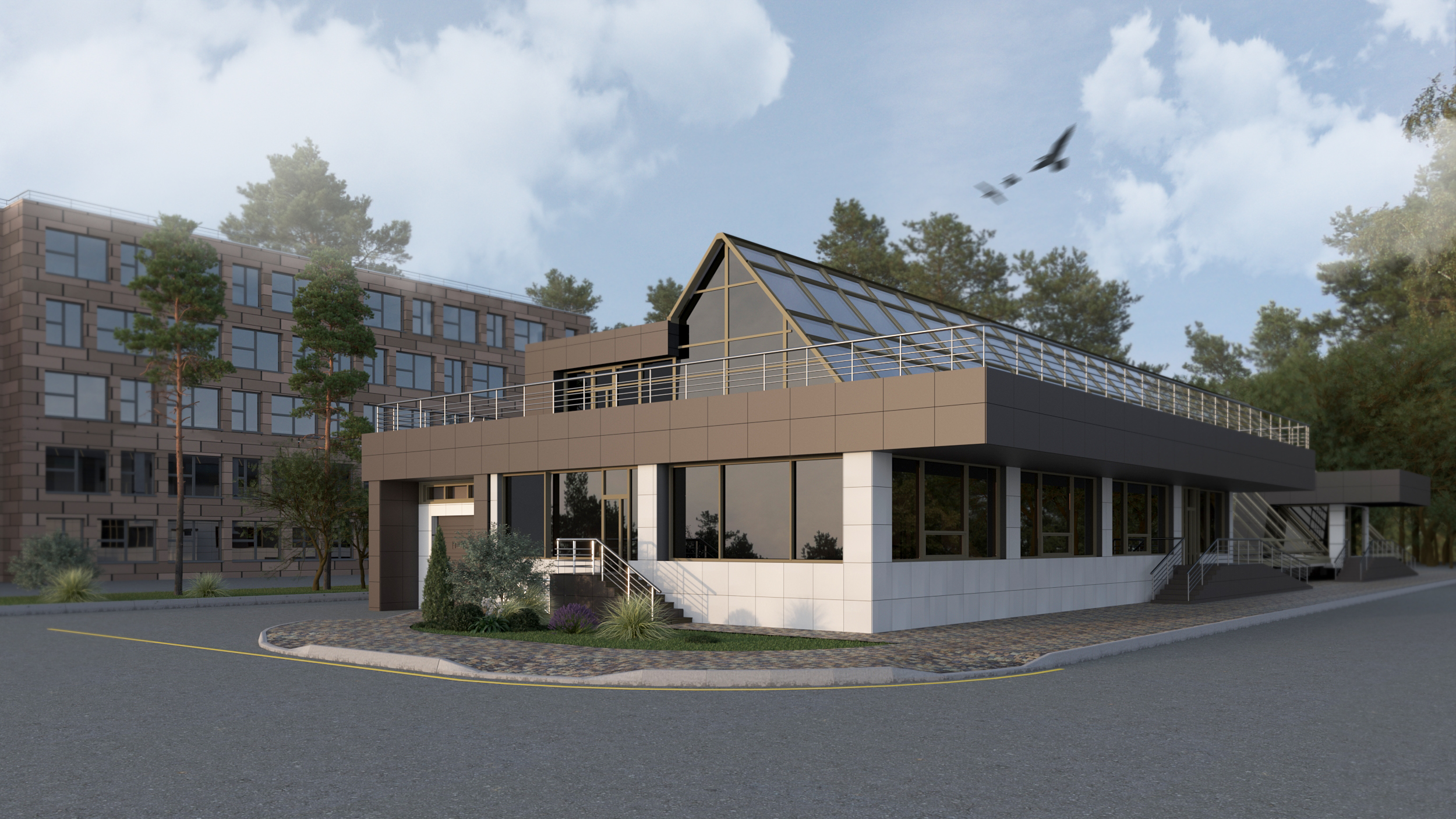 Двухэтажное здание офиса с кафе на первом этаже и подземной автопарковкой