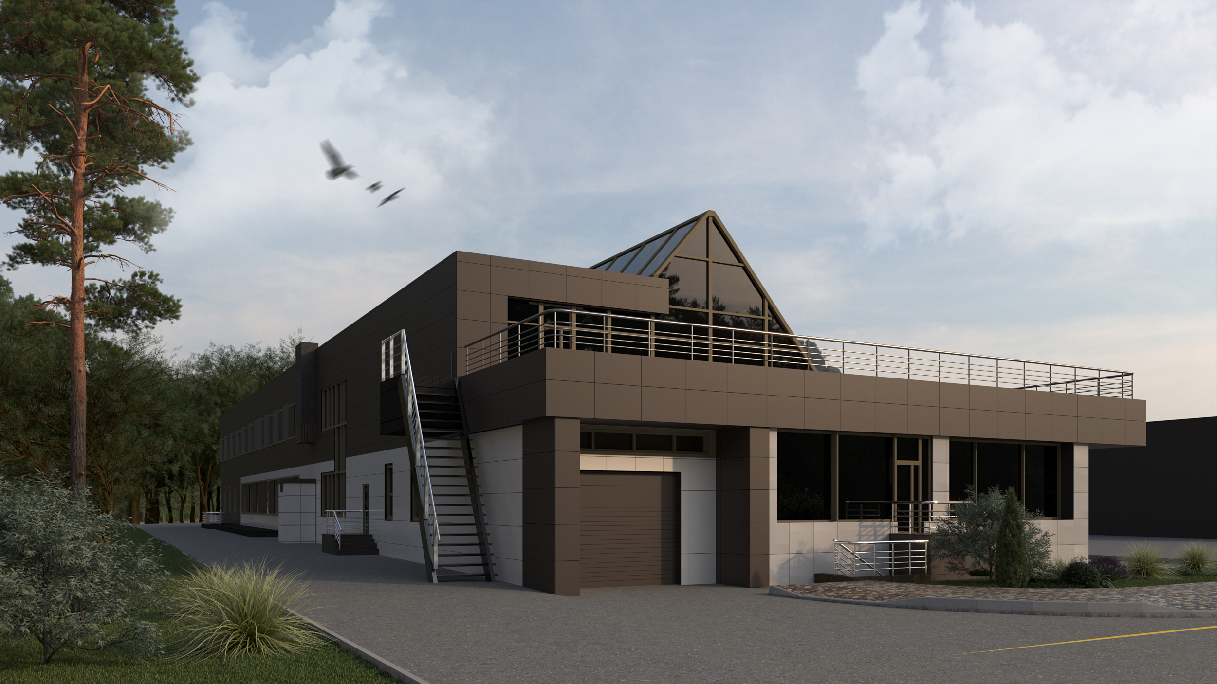 Двухэтажное здание офиса с кафе на первом этаже и подземной автопарковкой