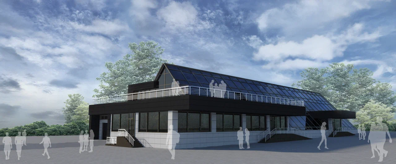 Двухэтажное здание офиса с кафе на первом этаже и подземной автопарковкой